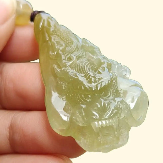 Premium Icy Yellow Natural Type A Jadeite Jade crafted with Dragon as Pendant certificate weighs 15.64 grams, measurement 50.6 * 27 * 11.5 mm (pendant253)