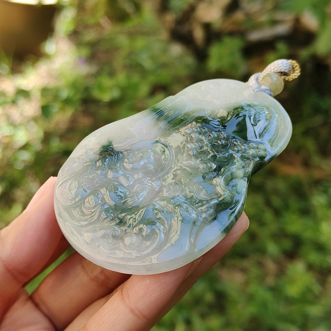 Premium Rare Semi Icy Natural Type A Jadeite crafted with Scenery and Laughing Buddha, certificate included weigh 51.59 grams, 71.8 * 53.1 * 7.5 mm, collector item, (pendant51),