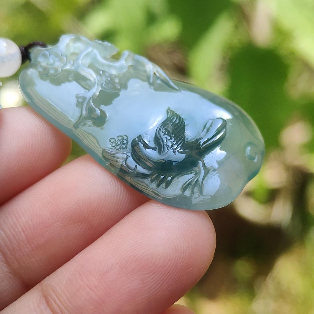 High Premium Quality Icy Green Natural Type A Jadeite Jade Pendant Necklace crafted with bird, flower and tree trunk, certificate included weigh 11.70 grams, measurement 40 * 23 * 6.3 mm (pendant187)