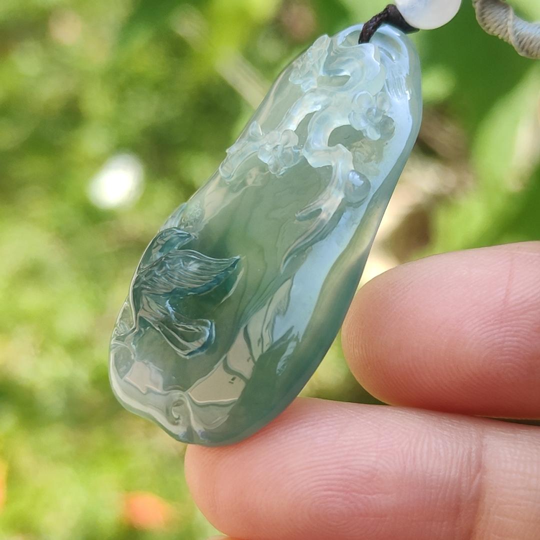 High Premium Quality Icy Green Natural Type A Jadeite Jade Pendant Necklace crafted with bird, flower and tree trunk, certificate included weigh 11.70 grams, measurement 40 * 23 * 6.3 mm (pendant187)