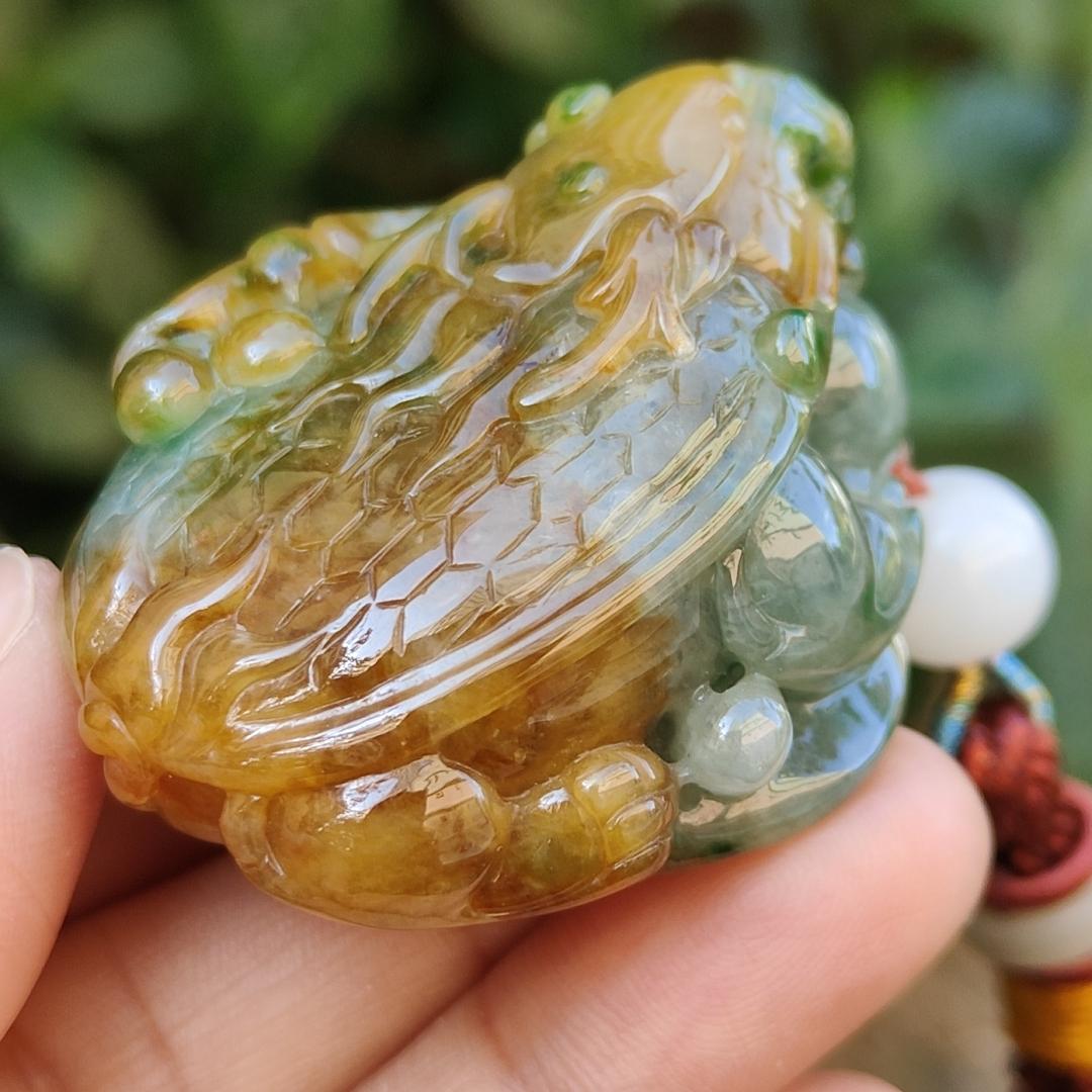 Super Rare Green and Brown Natural Type A Jadeite Jade crafted with Vermilion bird as pendant with certificate weigh 59.21 grams, measurement 45.8 * 32 * 27.3 mm (pendant231)