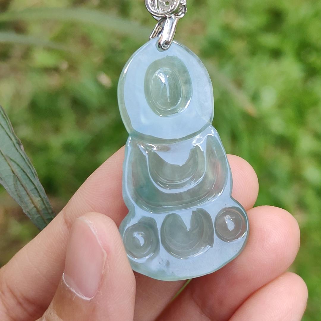 Premium Icy Good Translucency Green Hue Natural Type A Jadeite Pendant Necklace crafted as Buddha with certificate weigh 8.65 grams, 42.5 * 23.8 * 5.8 mm, collectible jadeite suitable for daily wear