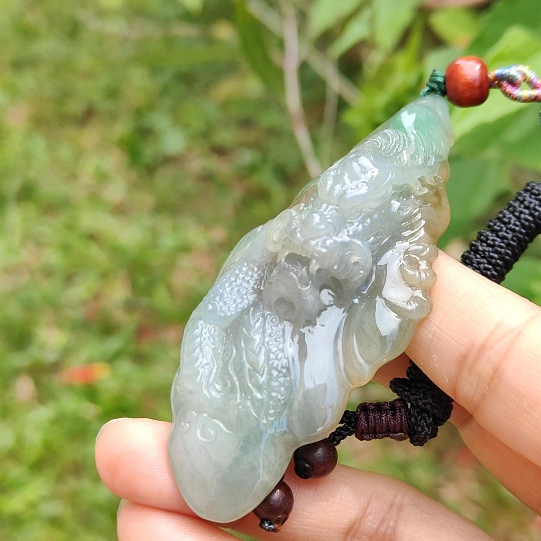 Super Rare Hugh Green and Yellow Natural Type A Jadeite Pendant Necklace Crafted with a Domineering Dragon symbols of Rise step by step, rise rapidly, with certificate weigh 44.19 grams, 77.2 * 37.5 * 15.8 mm (pendant25)