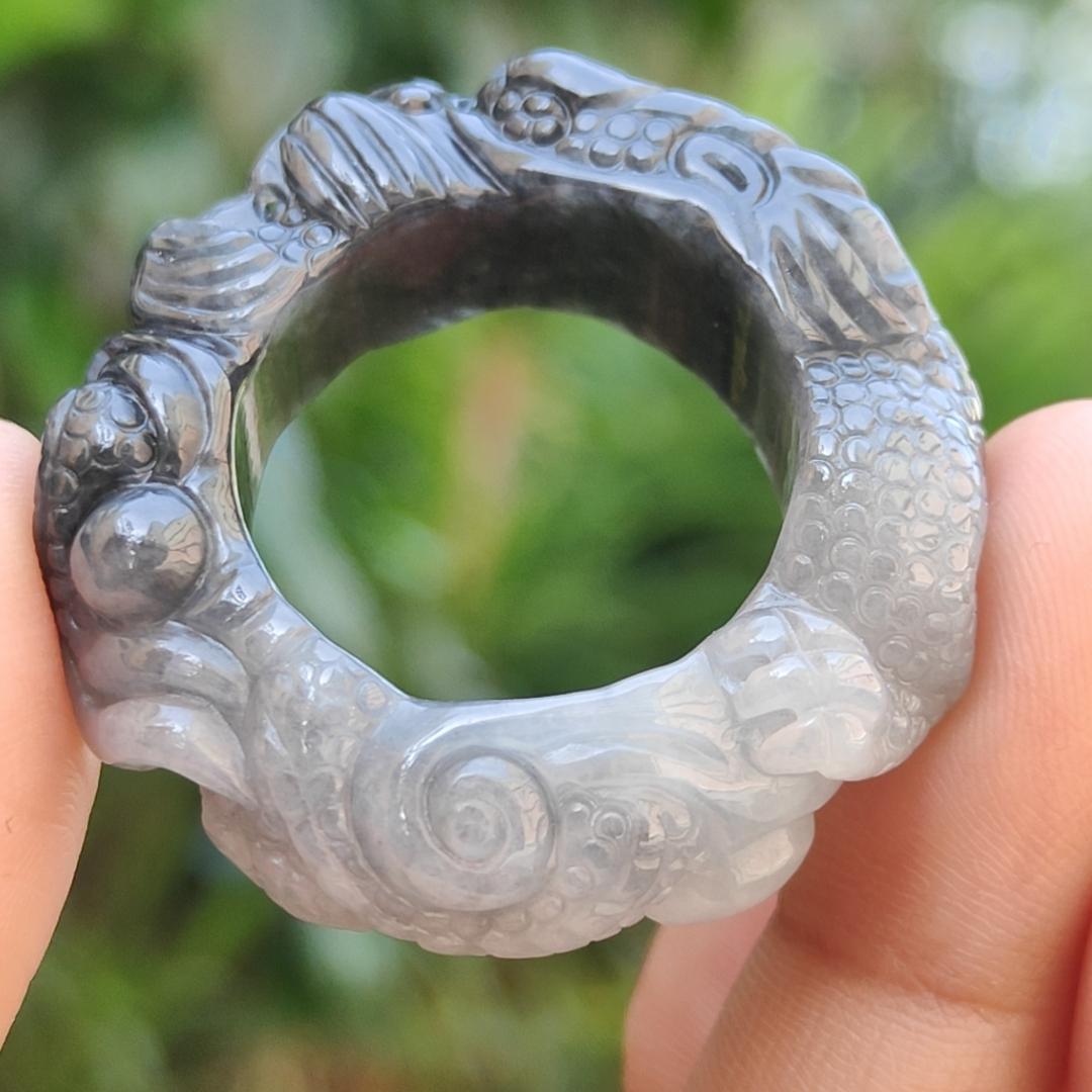 Black and White Natural Type A Jadeite Jade crafted with Dragon as 21mm Ring, certificate weigh 16.8 grams, measurement 10.5 * 8.3 mm (ring7)