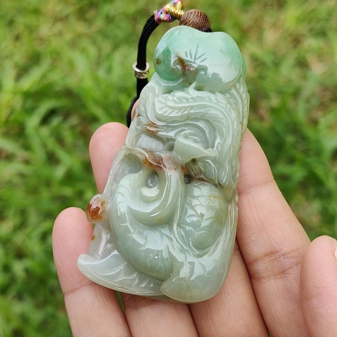 Green with Red Patches Natural Type A Jadeite Pendant Necklae Crafted with Old School Phoenix and ruyi with certificate weigh 50.24 grams, 67.7 * 35 * 11.8 mm, symbols of Good luck and a good life noble authority (pendant23)