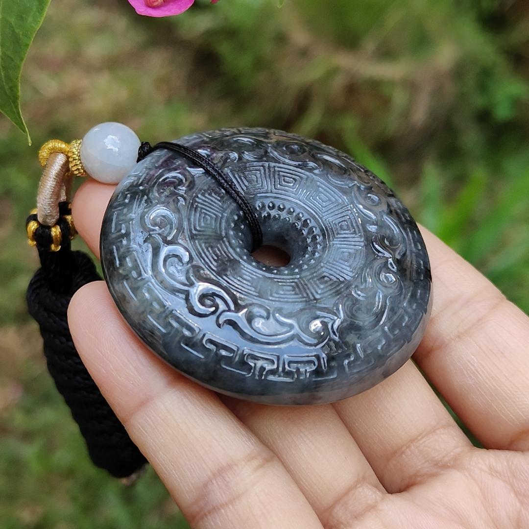 Hugh archaize style Black Natural Type A Jadeite Pendant crafted as Donut, symbols of Attract wealth , certificate included weigh 62.62 grams, 51 * 51 * 12.6 mm, suitable for daily wear (pendant63)