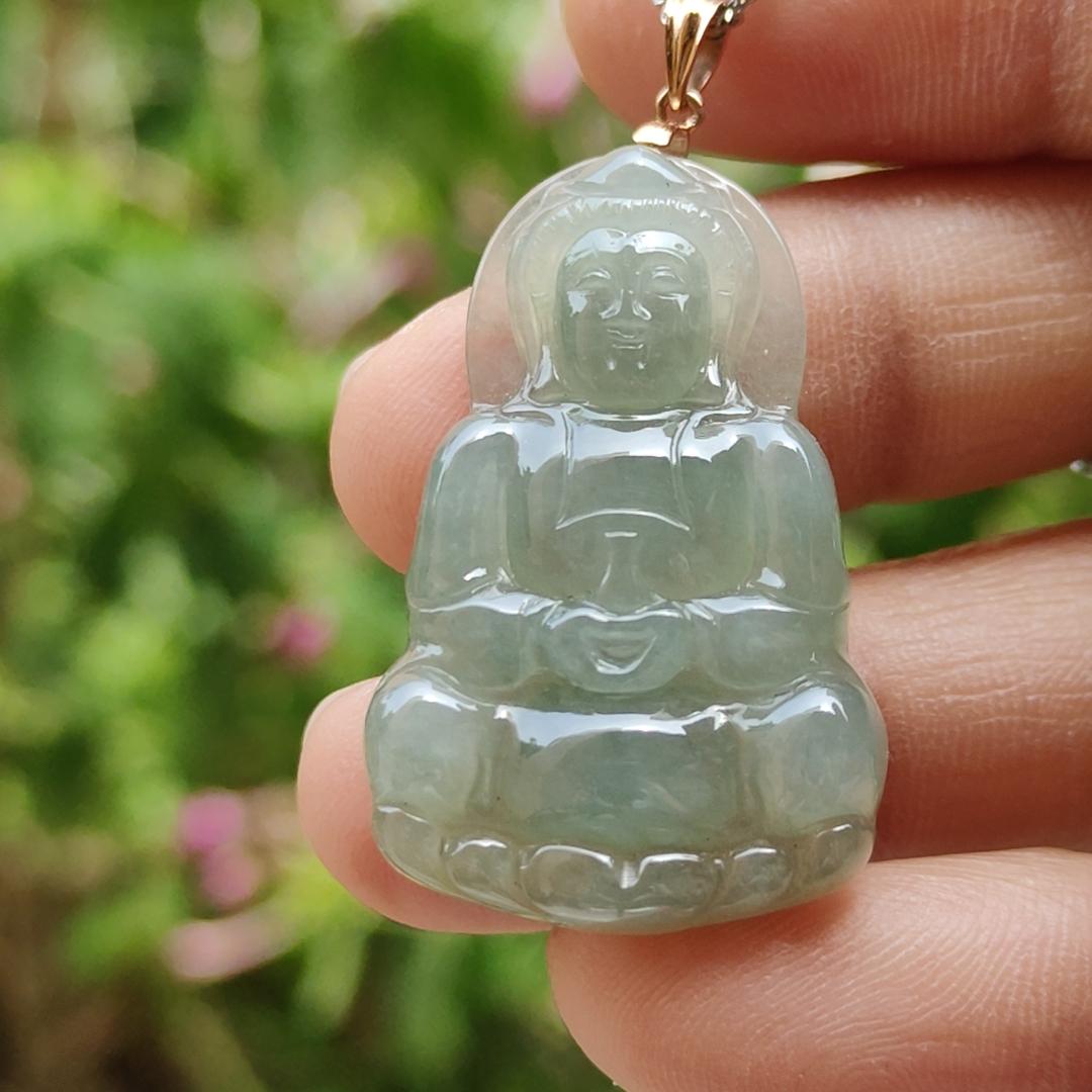 Light Green Good Translucent Natural Type A Jadeite Jade crafted with Guanyin 18k gold clasps as Pendant, certificate weighs 6.36 grams, measurement 32.2 * 21 * 5.8 mm (18kp49)