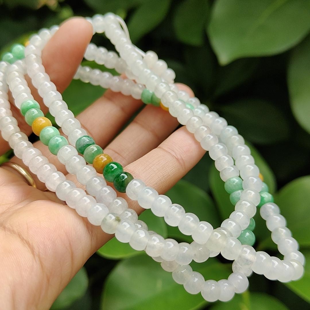 High Quality 90% Perfect 184 drum shape Icy * 154, Green * 24, Yellow * 6 Natural Type A Jadeite Jade Beads as Bracelet Necklace certificate weighs 49.19 grams, measurement 5.7 mm (bracelet29)