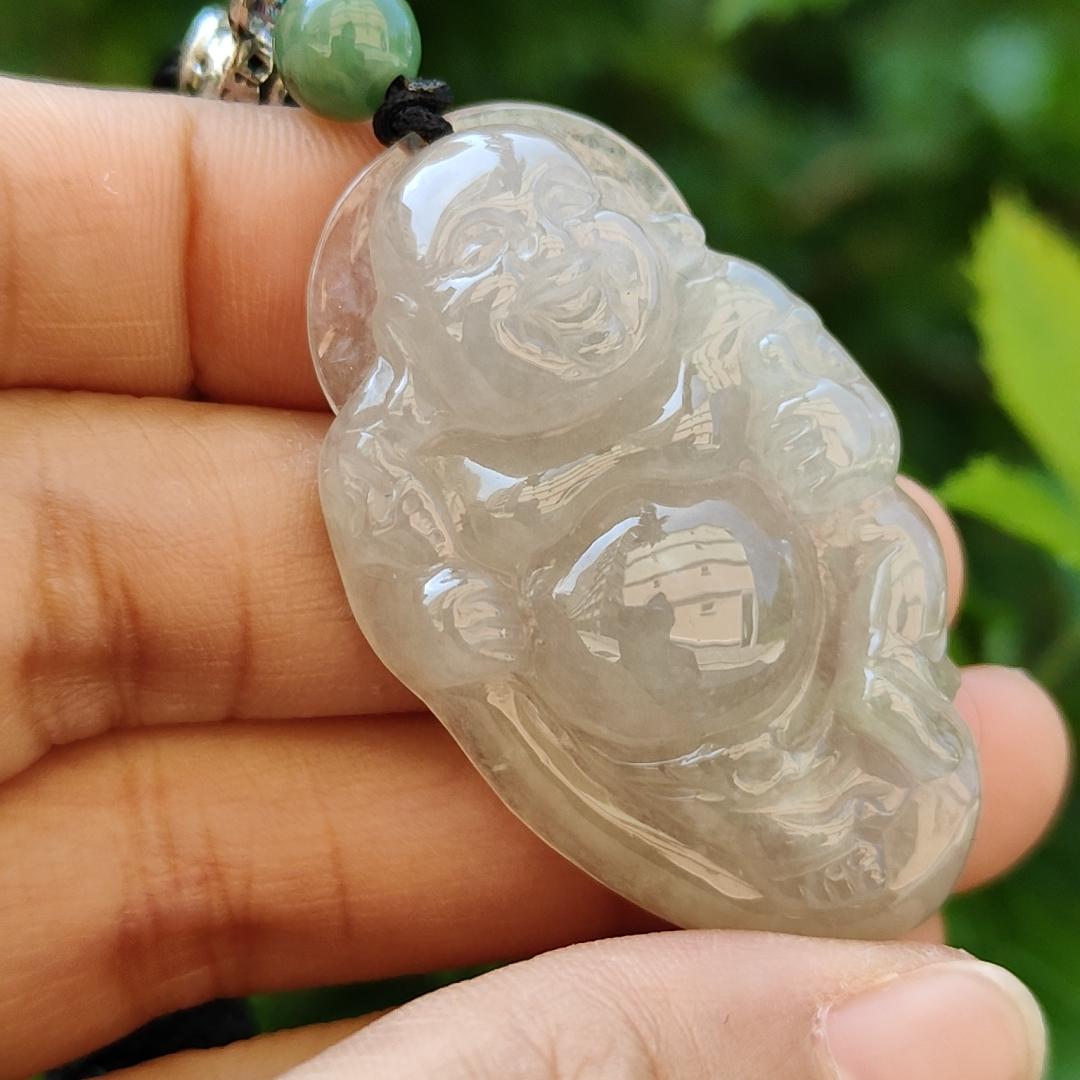 Semi Icy Milo Buddha Natural Type A Jadeite Pendant with certificate weighs 13.87 grams, 44.2 * 26.5 * 8.1 mm, milo represent The strength that can tolerate the things of the world represents the mind that can solve a thousand sorrows (pendant85)