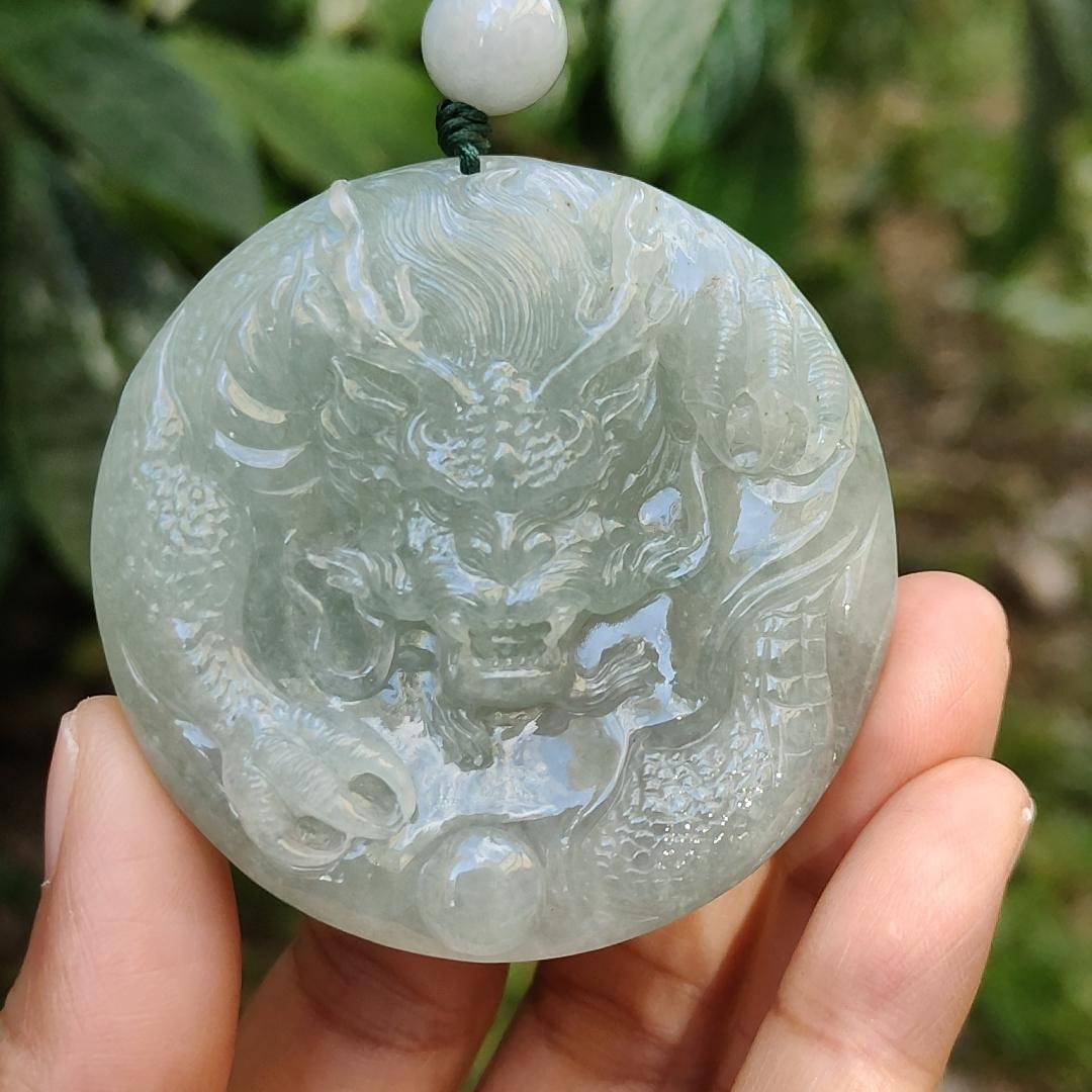 Premium Full Light Green Natural Type A Jadeite Jade Pendant Necklace crafted with Dragon with good glossy shines, certificate included weigh 77.81 grams, 55.5 * 55.5 * 13.8 mm (pendant169)