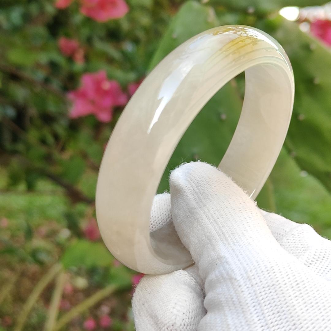 Very Rare Lemon-Yellow Patch Natural Type A Jadeite Jade crafted as Peace Bangle, certificate weighs 58.76 grams, measurement 15.3 * 7.1 * 56.4 mm (bangle9)