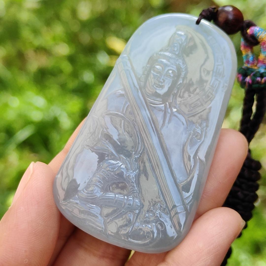 Light Lavender Very unique old Natural Type A Jadeite Pendant come with certificate Crafted with Guanyin and the monkey god with a hugh golden cudgel weight 33.74 grams, 62.80 * 35.70 * 6.30 mm suitable for daily wear or collection (pendant117)