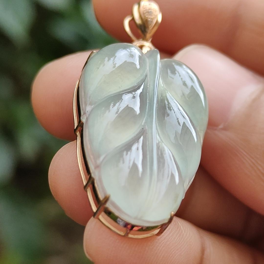 Premium Quality Icy Translucent Light Green Hue Natural Type A Jadeite Jade crafted as Leaf set on 18k Gold as Pendant, certificate weighs 5.07 grams, measurement 40.5 * 18 * 7.5 mm (18kp42)