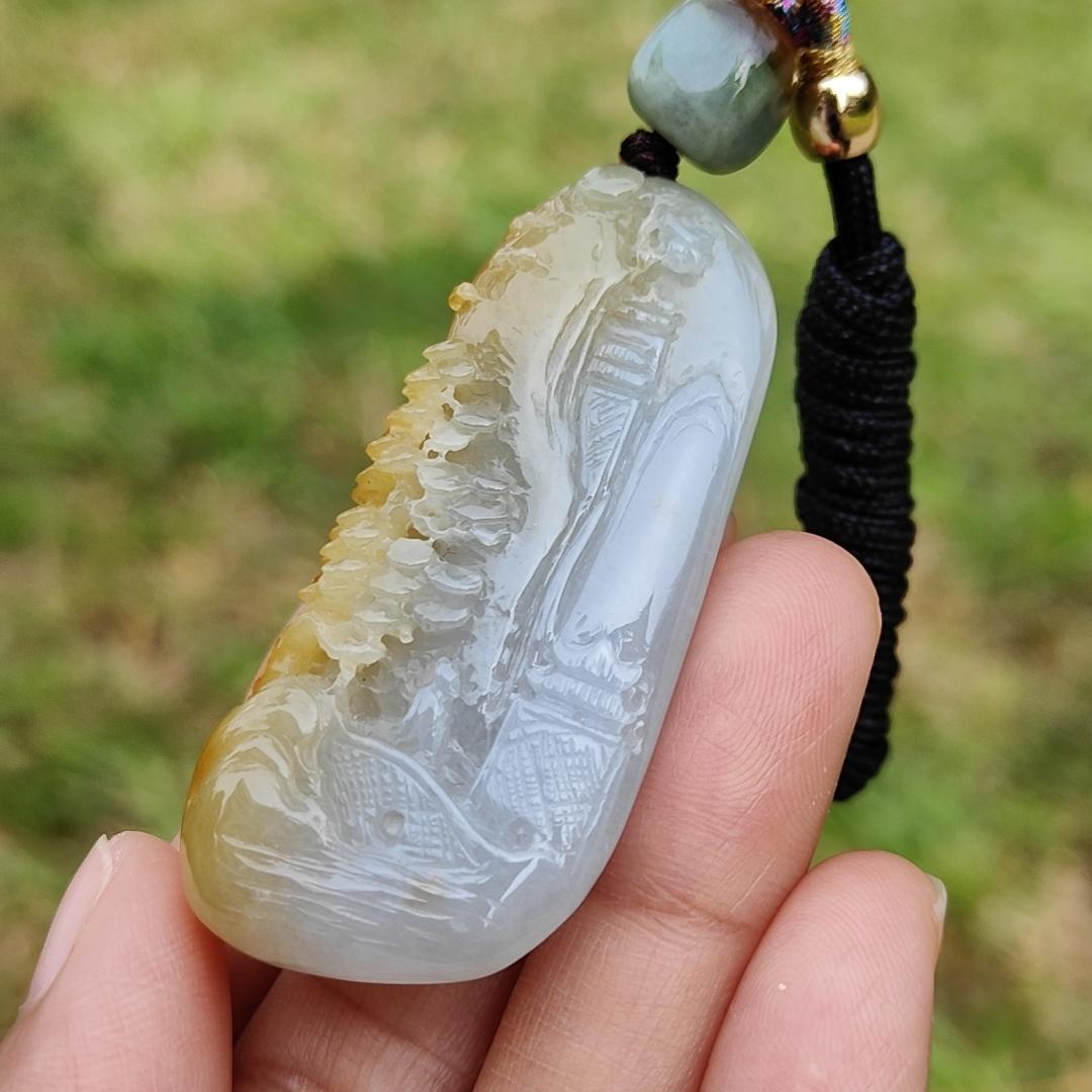 Beautifully crafted with sceneries on Yellow Natural Type A Jadeite Jade as a Pendant Necklace with certificate weigh 27.75 grams, measurement 52.1 * 25.7 * 12.7 mm (pendant206)