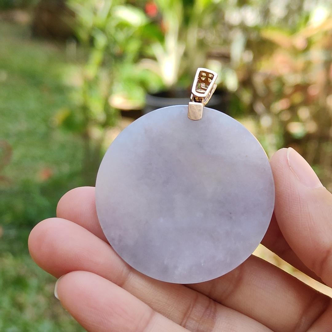 Light Lavender Natural Type A Jadeite Jade Crafted with nothing, round shape set with 18 k gold as pendant, certificate weigh 29.85 grams, measurement 43.7 * 42.9 * 5.6 mm (18kp23)