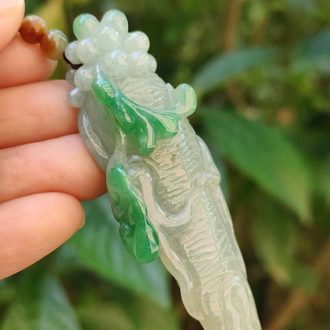 With Green and Light Green Ginseng Ruyi Natural Type A Jadeite pendant come with certificate weight 40.59 grams, 72.30 * 24.80 * 20 mm meaning Auspicious, representing good luck, happiness, joy, and wealth boosting you wearing it (pendant97)