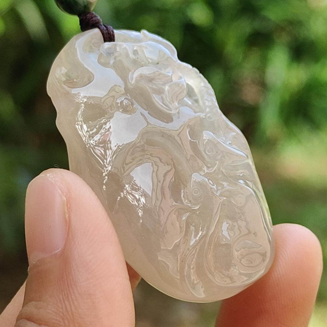 Premium High Quality Old Pit Natural Type A Jadeite Jade crafted with fish and Lotus as Pendant, certificate weigh 25.4 grams, measurement 44.2 * 28.5 * 12.3mm (pendant243)