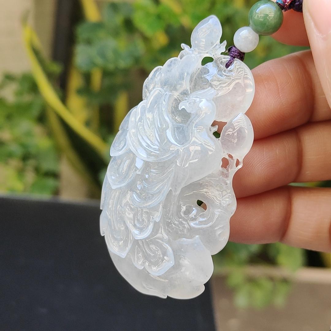 Pheonix Type A Natural Jadeite Pendant Jewelry with NGI Gemstone report weight 113.71 gram , 60.73 * 32.19 * 9.27 mm - Very High Translucent Icy Variety with very fine grain (pendant159)