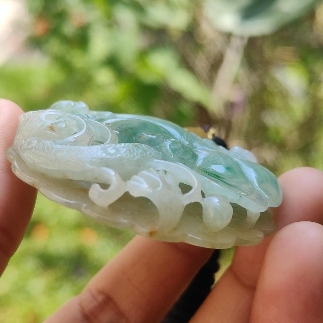 Rare Quality Yellow and Green Natural Type A Jadeite Jade beautifully crafted with frog and lotus old school hollow style, certificate weigh 27.08 grams, measurement 41.6 * 48 * 11 mm (pendant209)