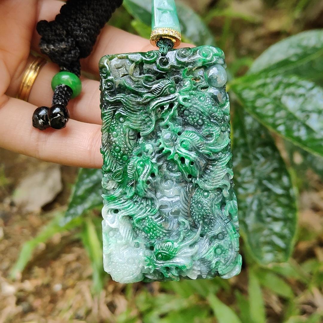 Lots of Green with Wuji carved as nine dragons Natural Type A Jadeite pendant with certificate weight 45.16 grams, 60.30 * 35.30 * 9.90 mm suitable for daily wear (pendant120)