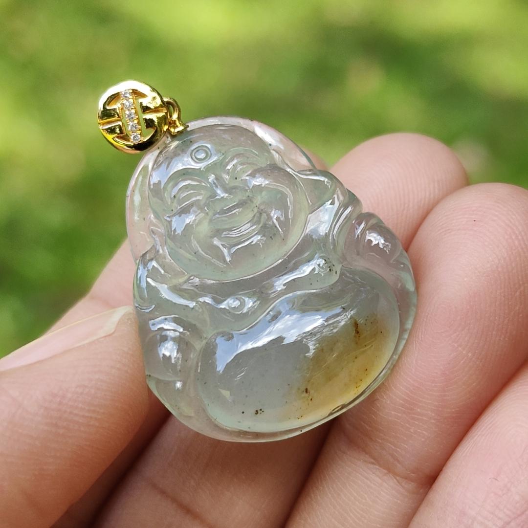 Rare Old Pit Icy Translucent with Yellow and Light Green Hue Collectible Natural Type A Jadeite Jade crafted as Milo Buddha added with 18k Gold Clasp as Pendant, certificate weighs 6.09 grams, measurement 26.8 * 23.2 * 6 mm (18kp63)