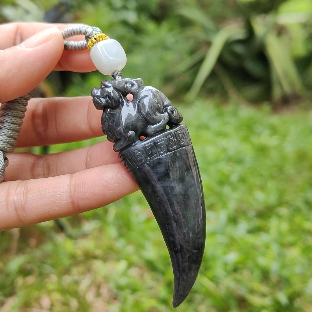 Black Wuji Natural Type A Jadeite Pendant Carved with Dragon Teeth plus Pixiu come with certificate weight 30.85, 70.3 * 23.1 * 13 mm (pendant100)