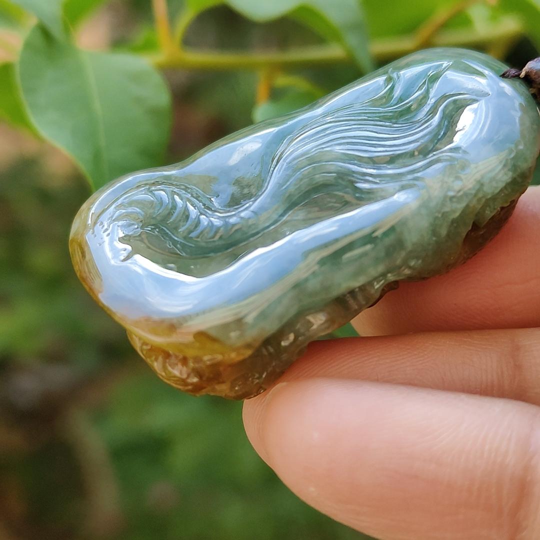 Green and Brown Two Colours Natural Type A Jadeite Pendant carved as Dragon with certificate weighs 33.15 grams, 41.8 * 26.5 * 16.5 mm, meaning Power and dignity, spirit of courage and perseverance, Prosperity and wealth (pendant88)