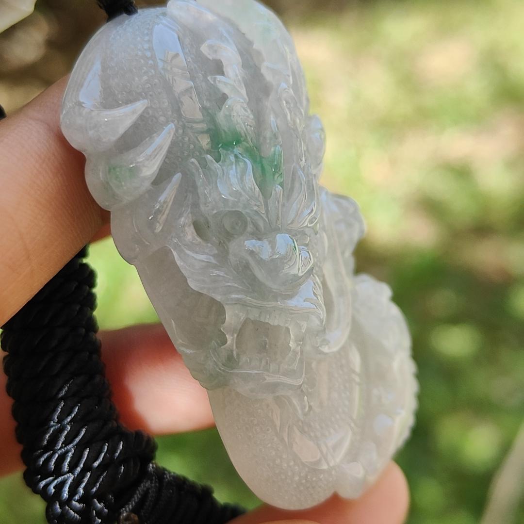 High Quality Semi Icy Translucent Light Green Light Lavender Natural Type A Jadeite Jade crafted with Dragon as Pendant, certificate weighs 35.24 grams, measurement 55.7 * 33.3 * 13.3 mm (pendant264)