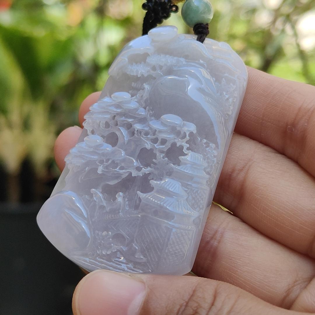 Light Lavender with red patches Natural Type A Jadeite Pendant Necklace crafted with fengshui scenery, certificate included weigh 44.44 grams, 60.8 * 36 * 9.8 mm (pendant104)