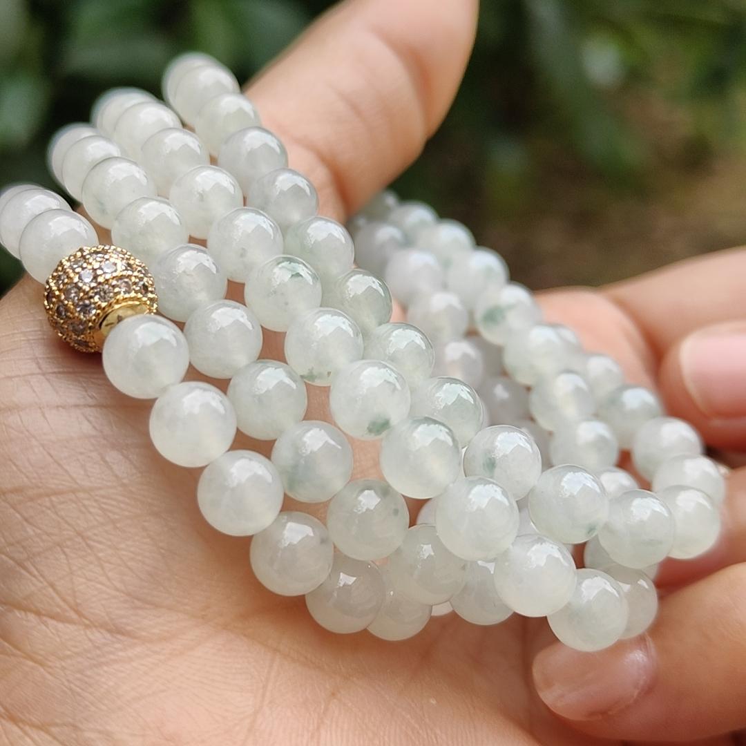 Premium Icy Translucent with Light Green patches Natural Type A Jadeite Jade crafted with 108 * 6.5 mm beads as Bracelet or Necklace, certificate weighs 52.19 grams (bracelet25)