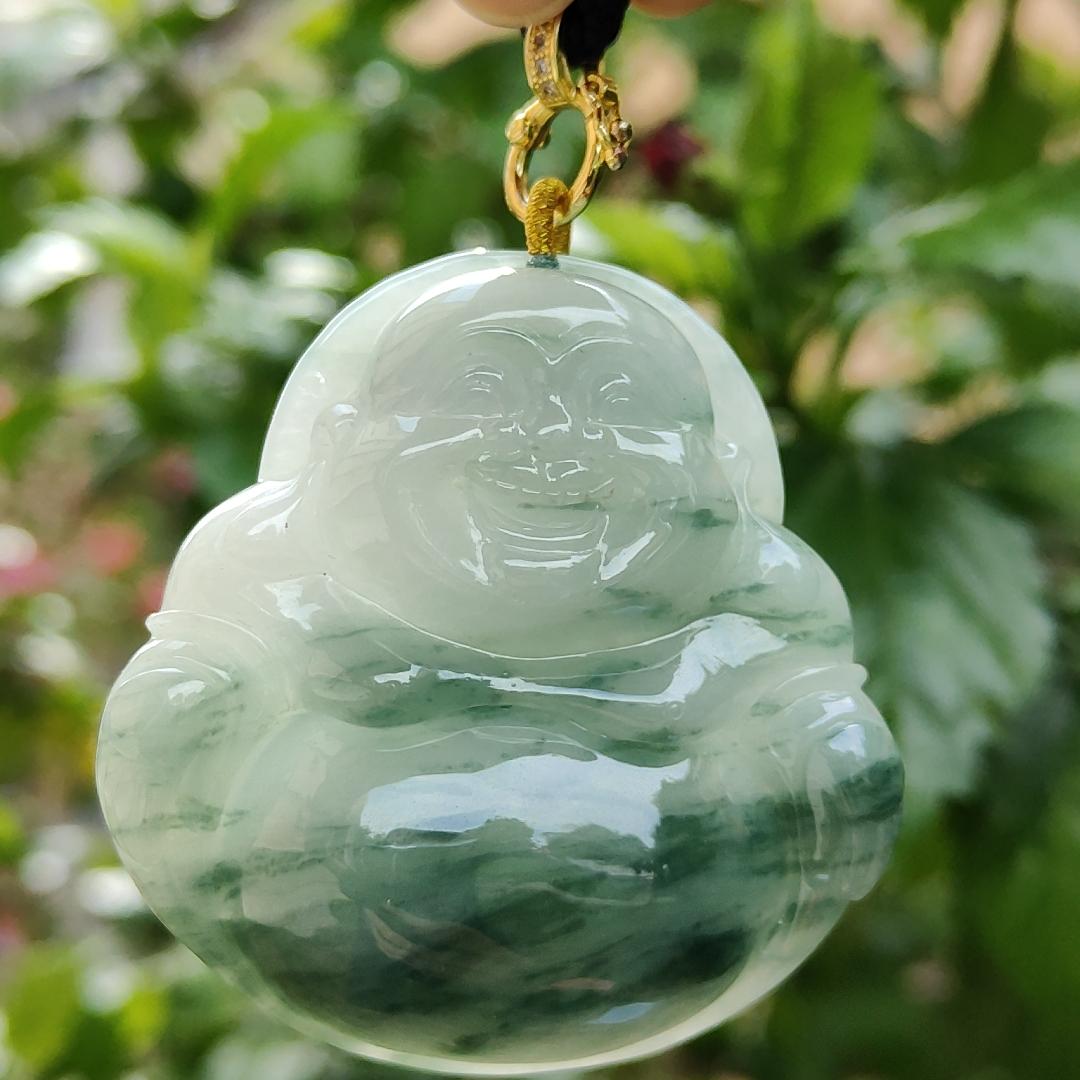 Rare, Hugh, Old Mine Translucent Floating bluish green patches Natural Type A Jadeite Pendant carved as Milo Buddha weight 232.82 grams, 52.83 * 51.18 * 12.18 mm, fine grain crystal aggregate suitable for daily wear with NGI Certificate (pendant143)