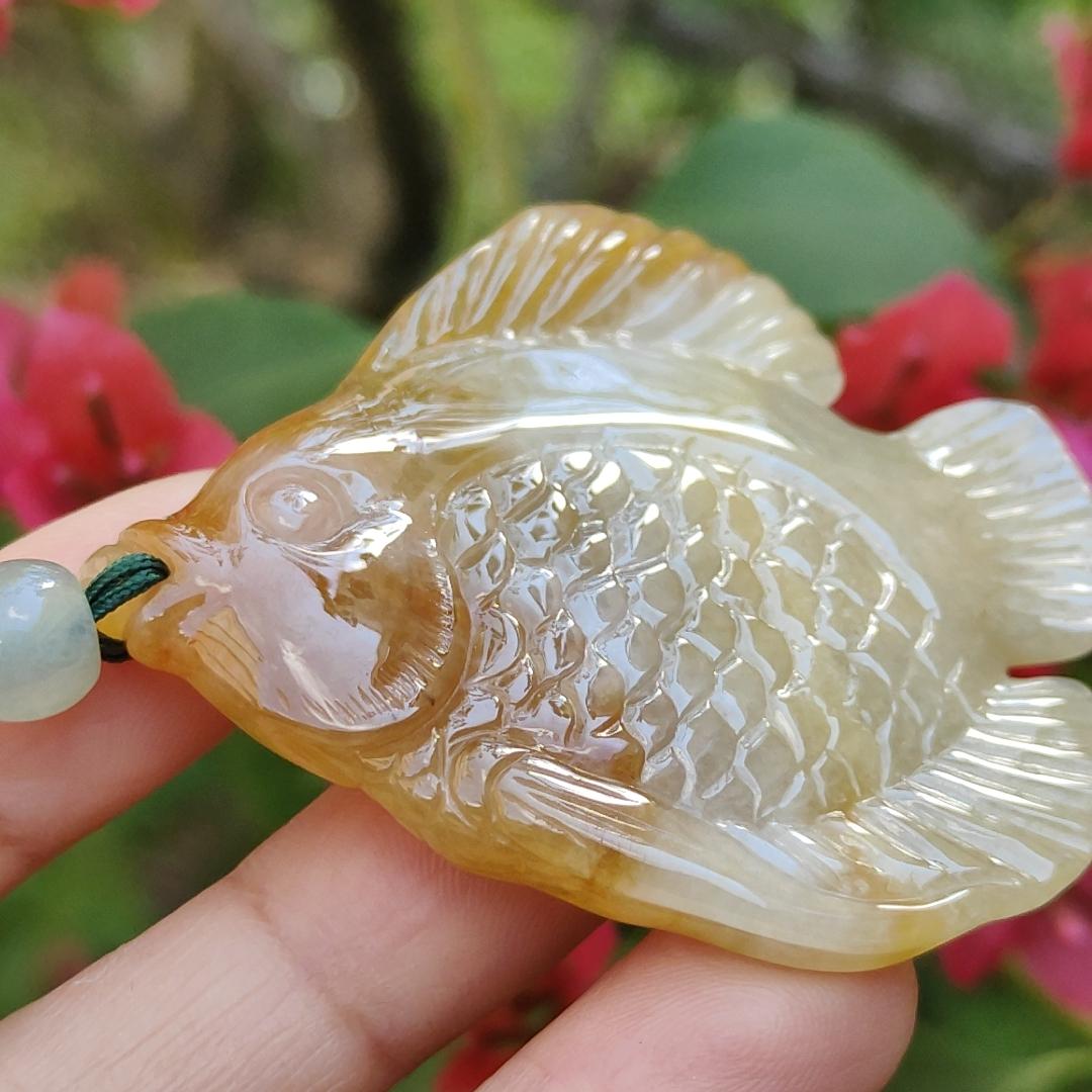 Yellow Natural Type A Jadeite Pendant carved as Fish with certificate weigh 28.33 grams, 55 * 50.2 * 7 mm, meaning Many sons and many blessings, full of children and grandchildren and Life is harmonious and smooth,free from worries and sorrows (pendant77)