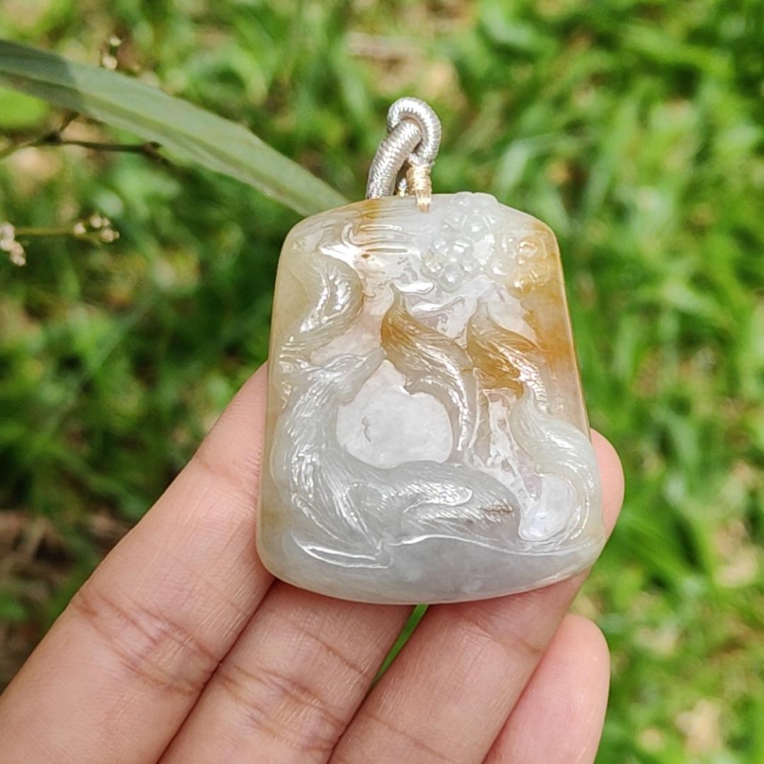 Yellow and White Semi Icy Natural Type A Jadeite Pendant Necklace crafted with nine tail fox symbols of Love, Charisma, and Good Luck, GIC Labs approved certificate included weigh 32.9 grams, 44 * 36 * 9 mm, suitable for daily wear