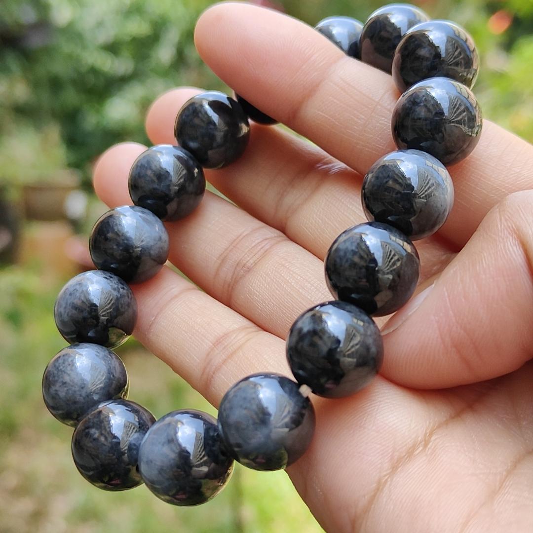 Black Wuji Natural Type A Jadeite Jade crafted with 16 * 13mm beads as a bracelet with QIC labs approved certificate weigh 60.39 grams (bracelet19)