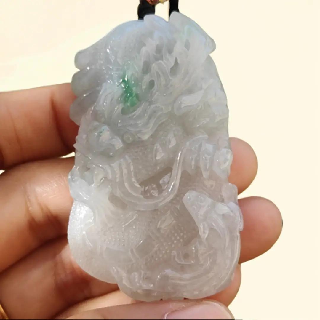 High Quality Semi Icy Translucent Light Green Light Lavender Natural Type A Jadeite Jade crafted with Dragon as Pendant, certificate weighs 35.24 grams, measurement 55.7 * 33.3 * 13.3 mm (pendant264)