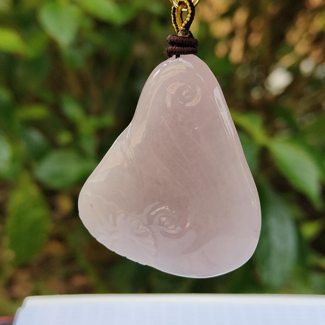 Very Rare Pinkish Lavender Natural Type A Pendant carved with lotus flower and fish with NGI Gemstone report weight 204.27 grams, 51.50 * 42.43 * 12.85 mm , Full Lavender Translucent fine grain crystal aggregate very rare pendant (pendant130)