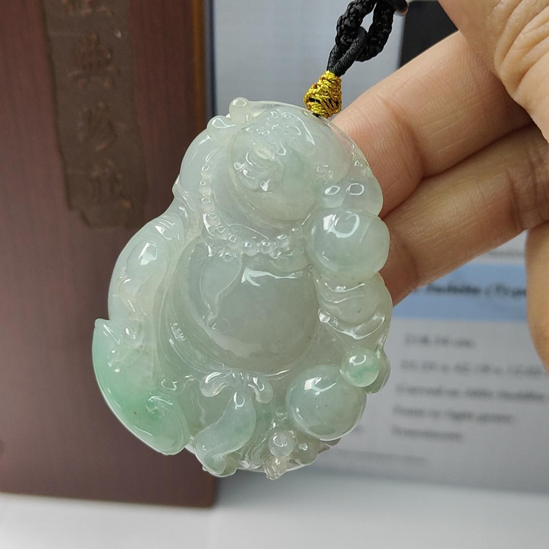 Natural Type A Jadeite Jewellery Pendant carved as Milo Buddha with Ruyi with Gemstone report from NGI weighs at 218.34 grams , 53.35 * 42.19 * 12.02 mm , Translucent with faint to light green with good translucency premium quality pendant (pendant156)