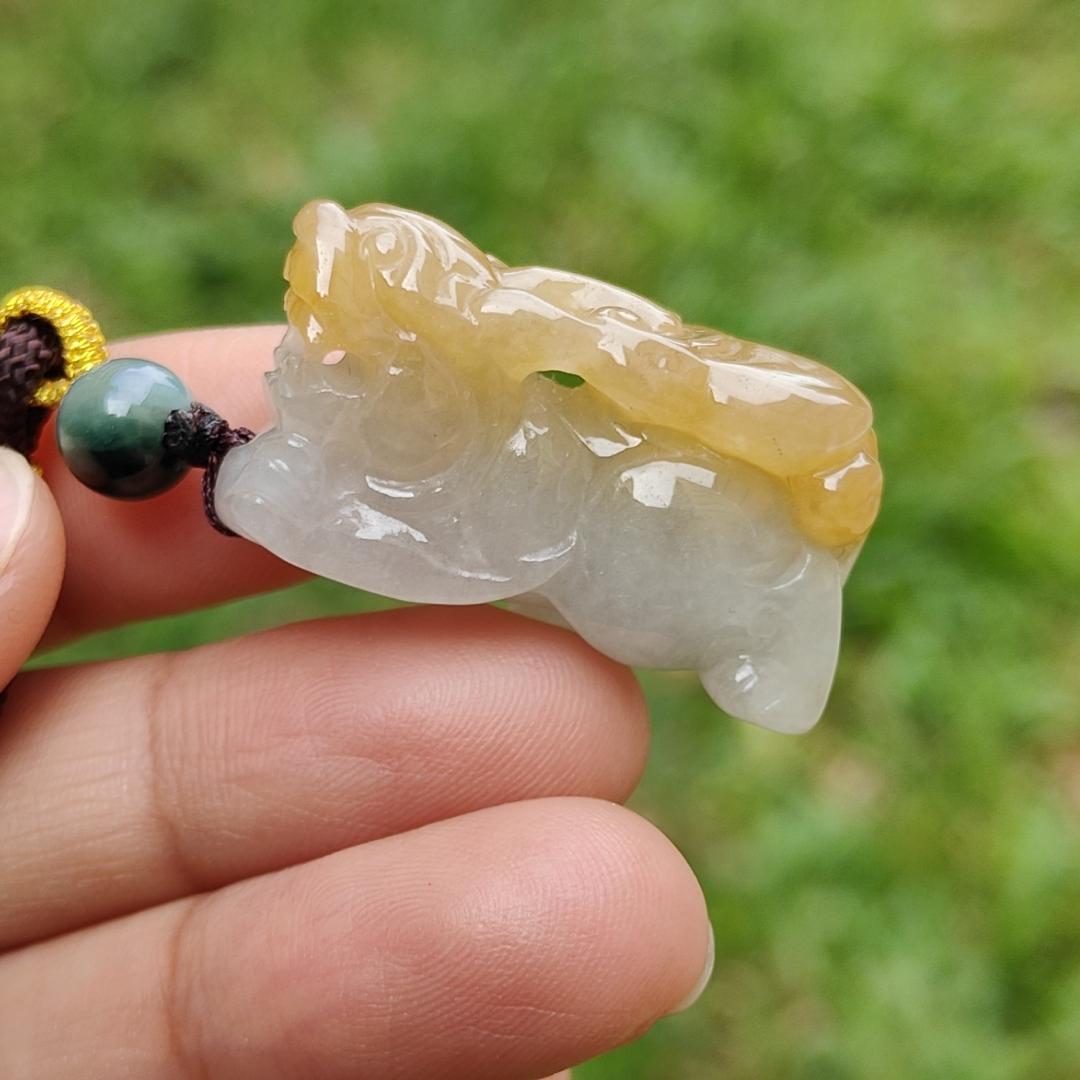 Glutinous Yellow and White Natural Type A Jadeite Pendant Necklace Crafted as Pixiu with certificate weigh 13.83 grams, 32 * 17.5 * 10.8 mm (pendant102)