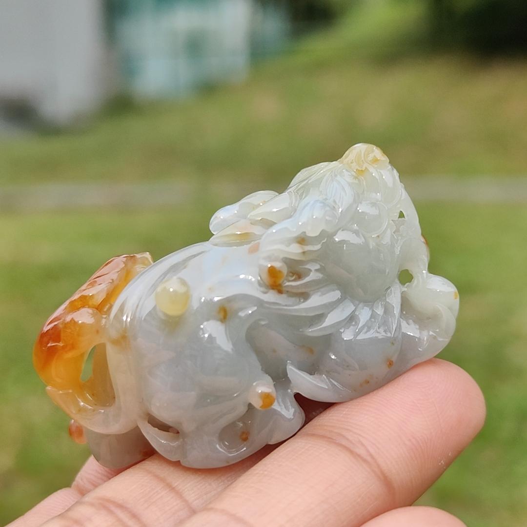 Super Rare Reddish,Yellow abd Tea Green Premium Quality Natural Type A Jadeite Jade crafted with Pixiu as Pendant with certificate weigh 34.14 grams, measurement 45.2 * 19.5 * 22.1 mm (pendant221)