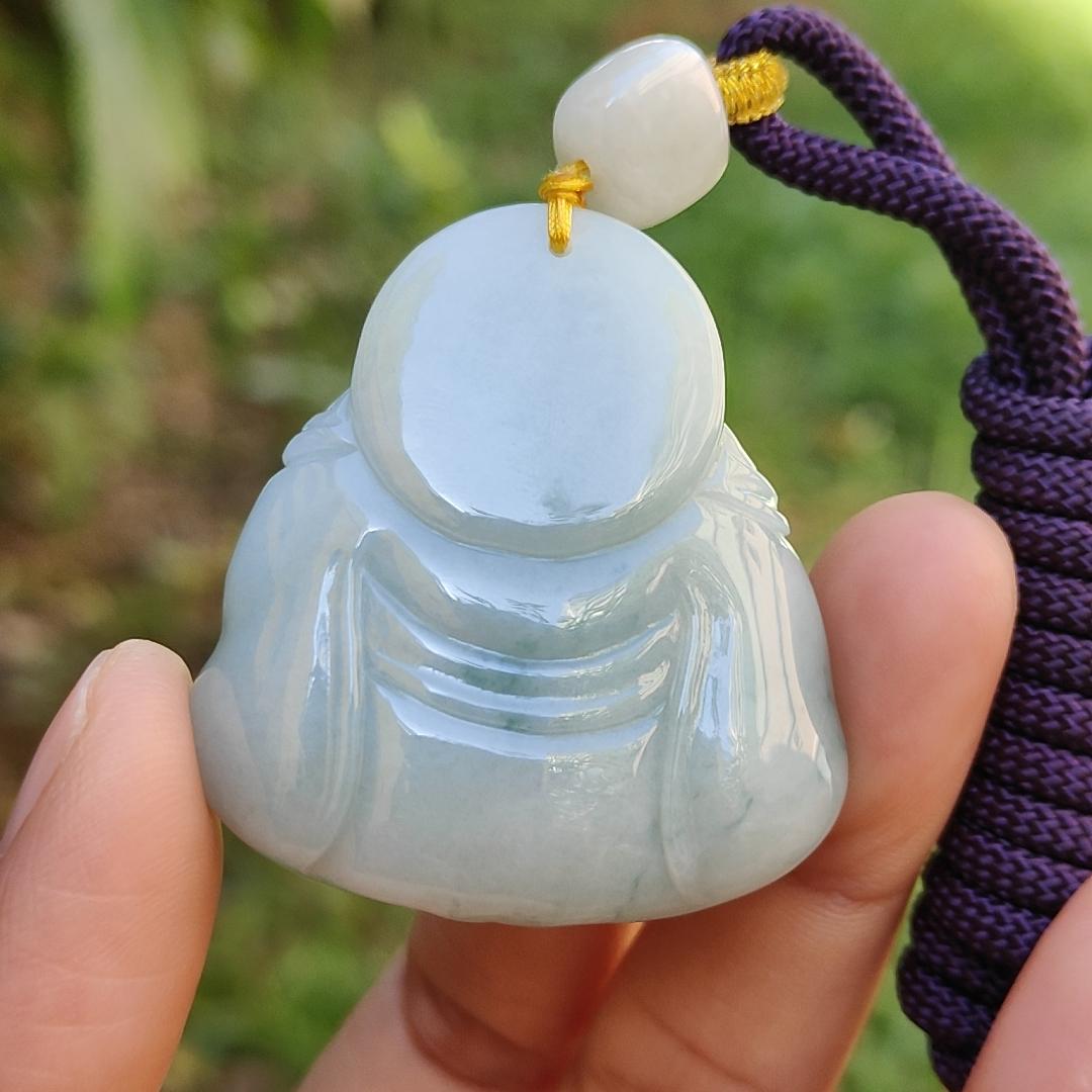 Light Green with green patches Natural Type A Jadeite Jade Pendant Necklace crafted as Laughing Buddha with certificate weigh 36.66 grams, 40.3 * 37.5 * 15 mm (pendant165)