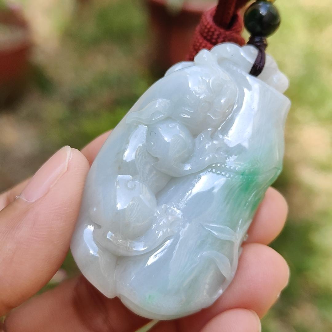 Green with yellow patches Natural Type A Jadeite Jade crafted as Bamboo with Pixiu as Pendant, certificate weigh 35.85 grams, measurement 52.3 * 31 * 12.2 mm (pendant223)