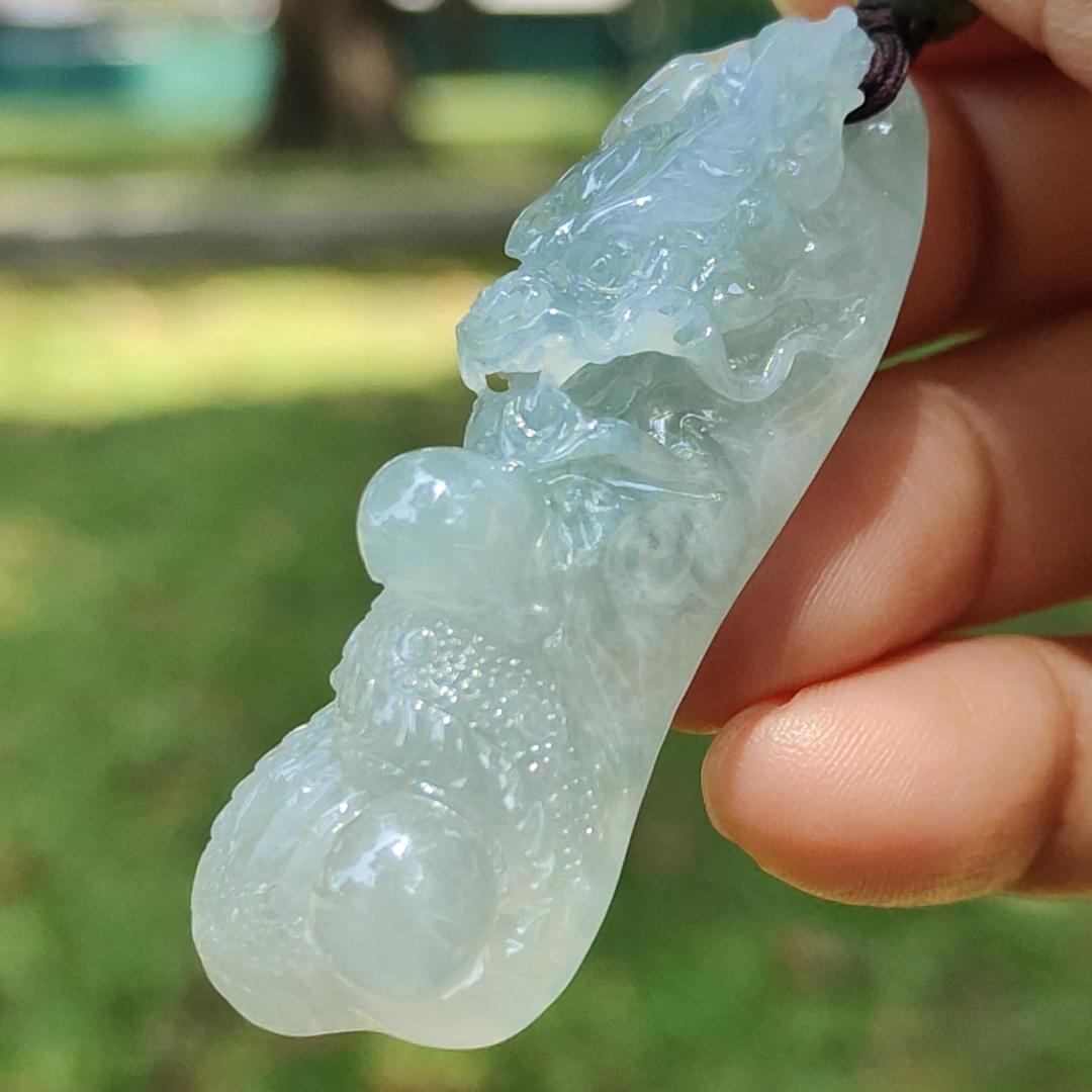 High Quality Beautifully crafted as Dragon with Semi Icy Translucent Natural Type A Jadeite Jade as Pendant, certificate weighs 22.18 grams, measurement 54.6 * 21.5 * 15.7 mm (pendant270)