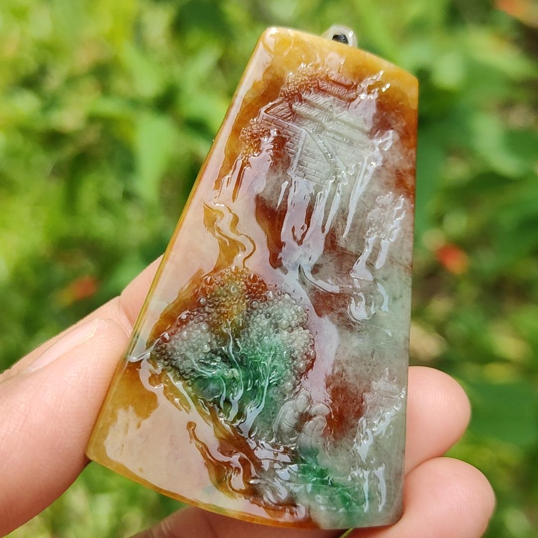 Very Rare Green, Red and Yellow Natural Type A Jadeite Jade Pendant Necklace with Sceneries, certificate included weigh 29.84 grams, measurement 61.6 * 39.7 * 5.8 mm (pendant183)