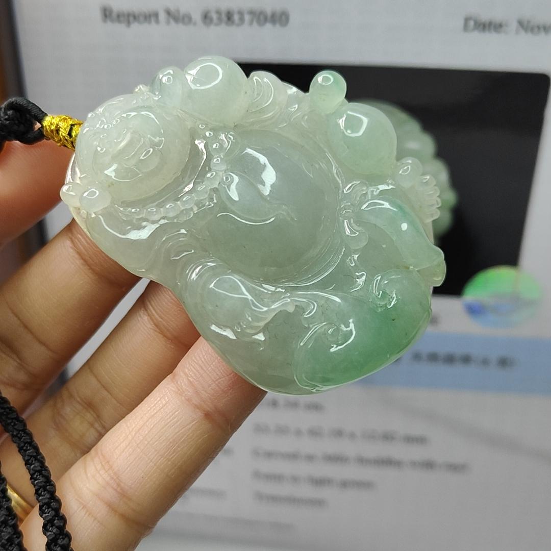 Natural Type A Jadeite Jewellery Pendant carved as Milo Buddha with Ruyi with Gemstone report from NGI weighs at 218.34 grams , 53.35 * 42.19 * 12.02 mm , Translucent with faint to light green with good translucency premium quality pendant (pendant156)