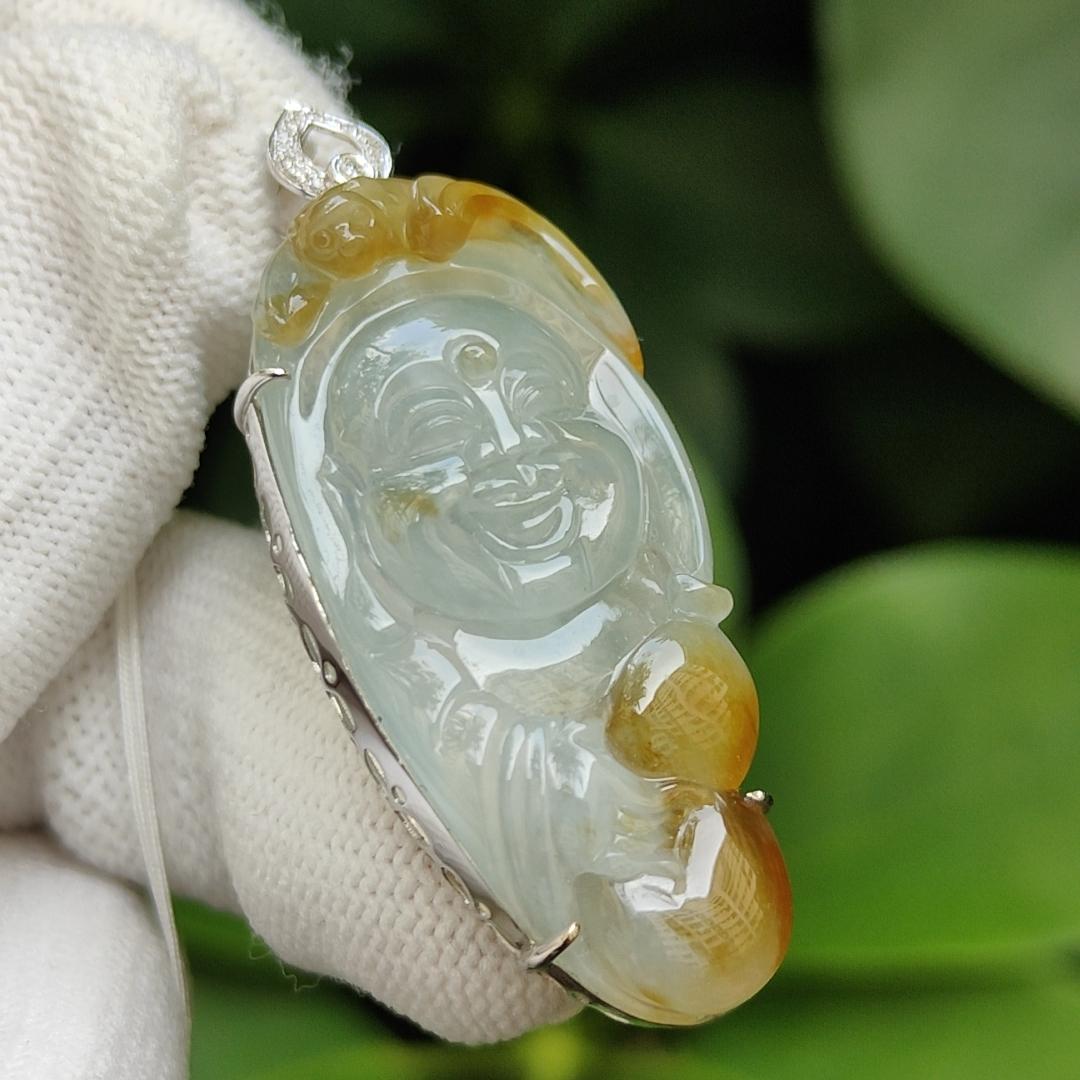 High Quality Icy Yellow Translucent Natural Type A Jadeite Jade crafted as Milo Buddha set with 18k Gold as Pendant, certificate weighs 9.1 grams, measurements 46.1 * 18.7 * 9.5 mm (18kp60)