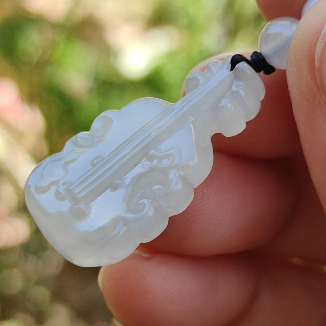 Super Rare Pure White Semi Icy Natural Type A Jadeite Jade crafted as Violin Pendant, certificate weighs 3.92 grams, measurement 27.7 * 15 * 5.3 mm (pendant256)