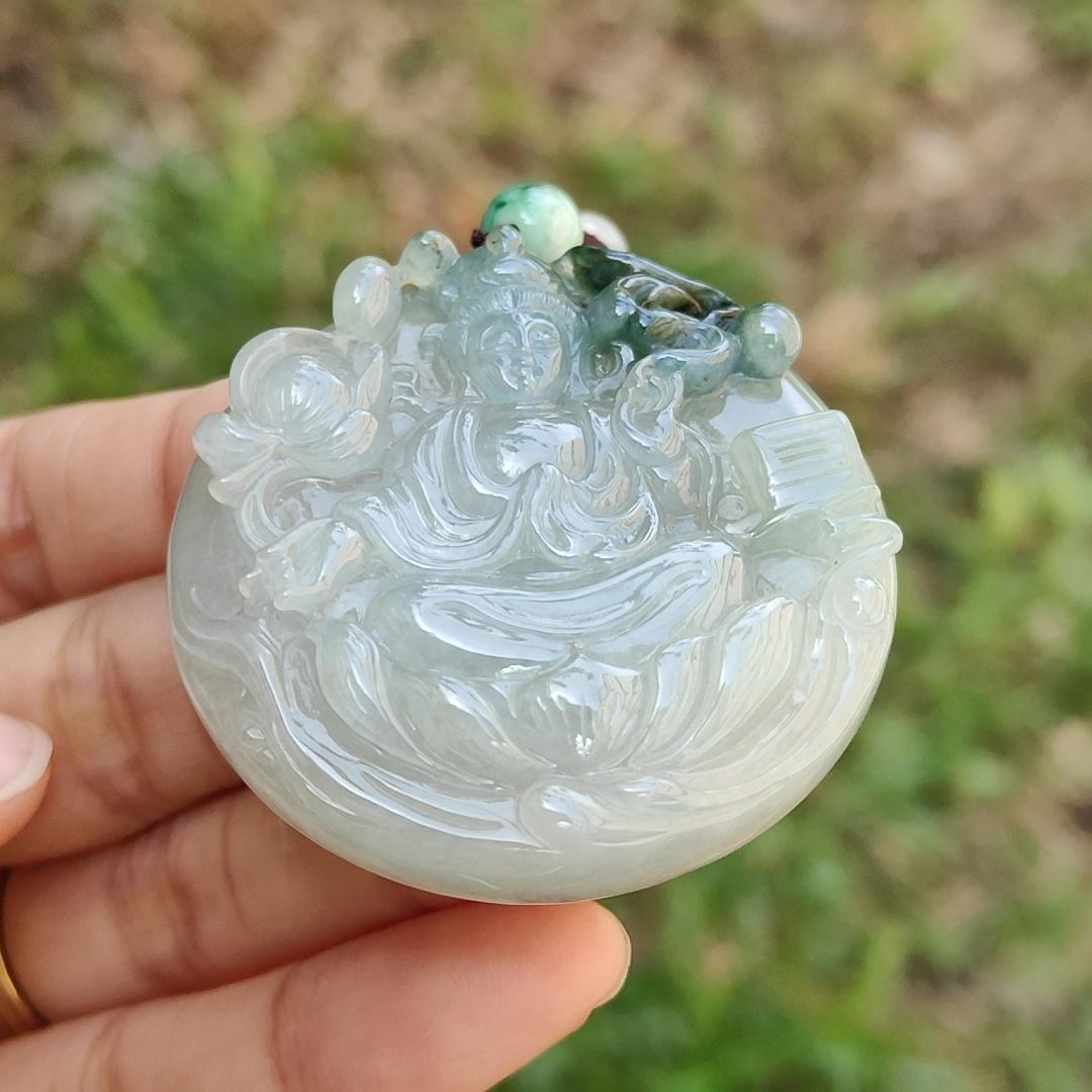 Light Green with Bluish Green Natural Type A Jadeite Pendant Necklace crafted with Guanyin Symbols of Peace, auspiciousness and longevity, certificate included weighs 36.23 grams, 45.8 * 45.8 * 9.1 mm, suitable for daily wear (pendant56)