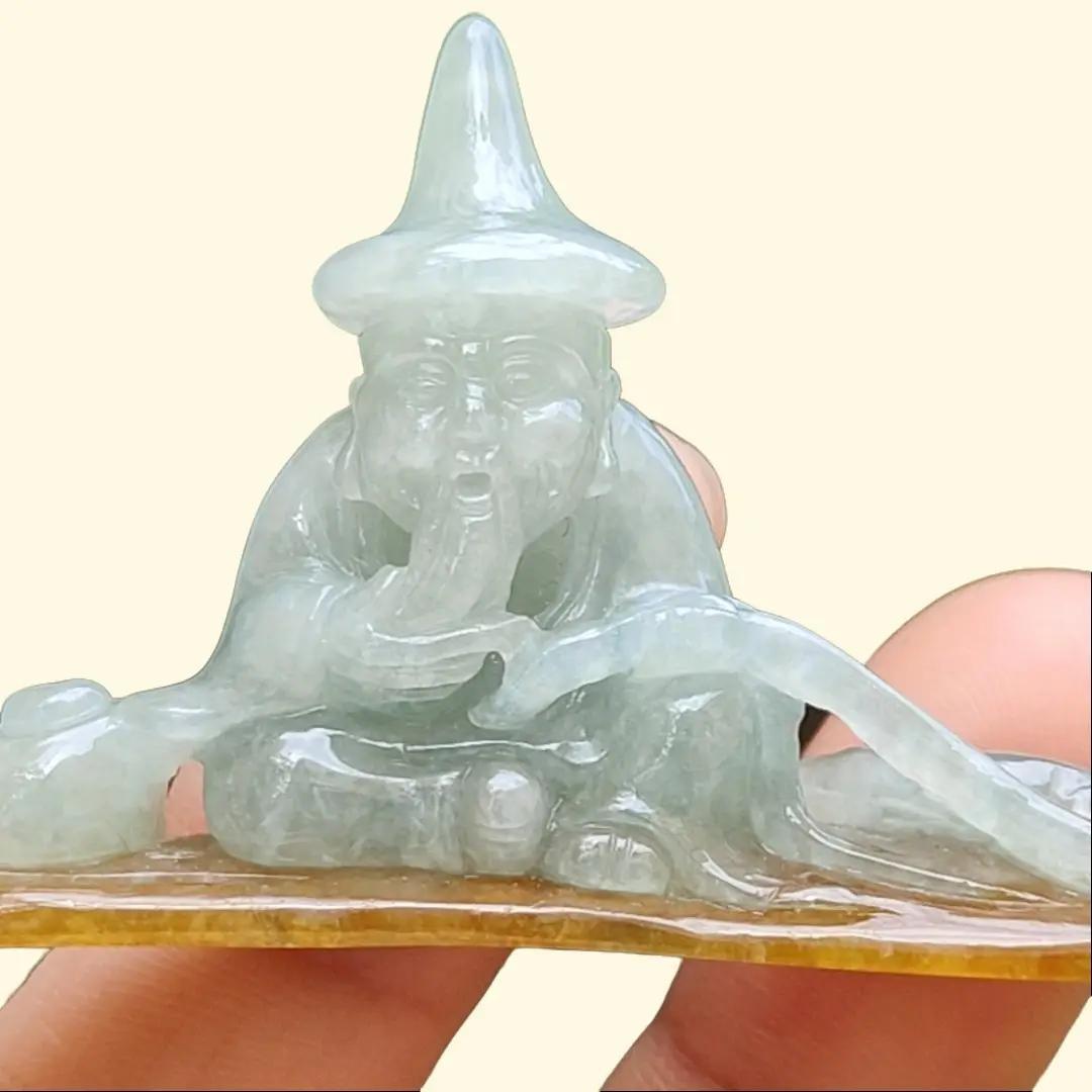 Light Green with Yellow Natural Type A Jadeite Jade crafted with Old Men Fishing as Display, certificate weighs 17.06 grams, measurement 65.2 * 32.8 * 12 (display1)