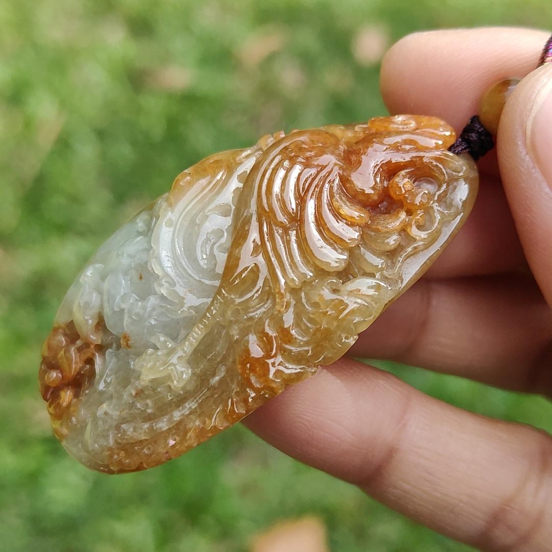 Rare Light Green with Red Natural Type A Jadeite Jade crafted as Phoenix to use as Pendant, certificate weighs  27.45 grams, measurement 52.3 * 28.5 * 12.5 mm (pendant279)