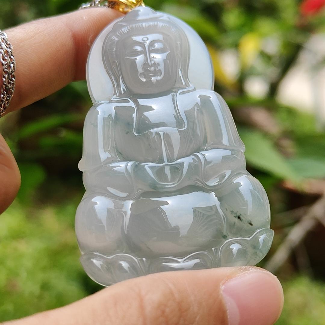 Premium High Quality Natural Type A Jadeite Jade crafted as seating Guanyin set with 18k gold clasp as Pendant, Certificate weighs 21.43 grams, measurement 59.1 * 35.6 * 6.1 mm (18kp54)